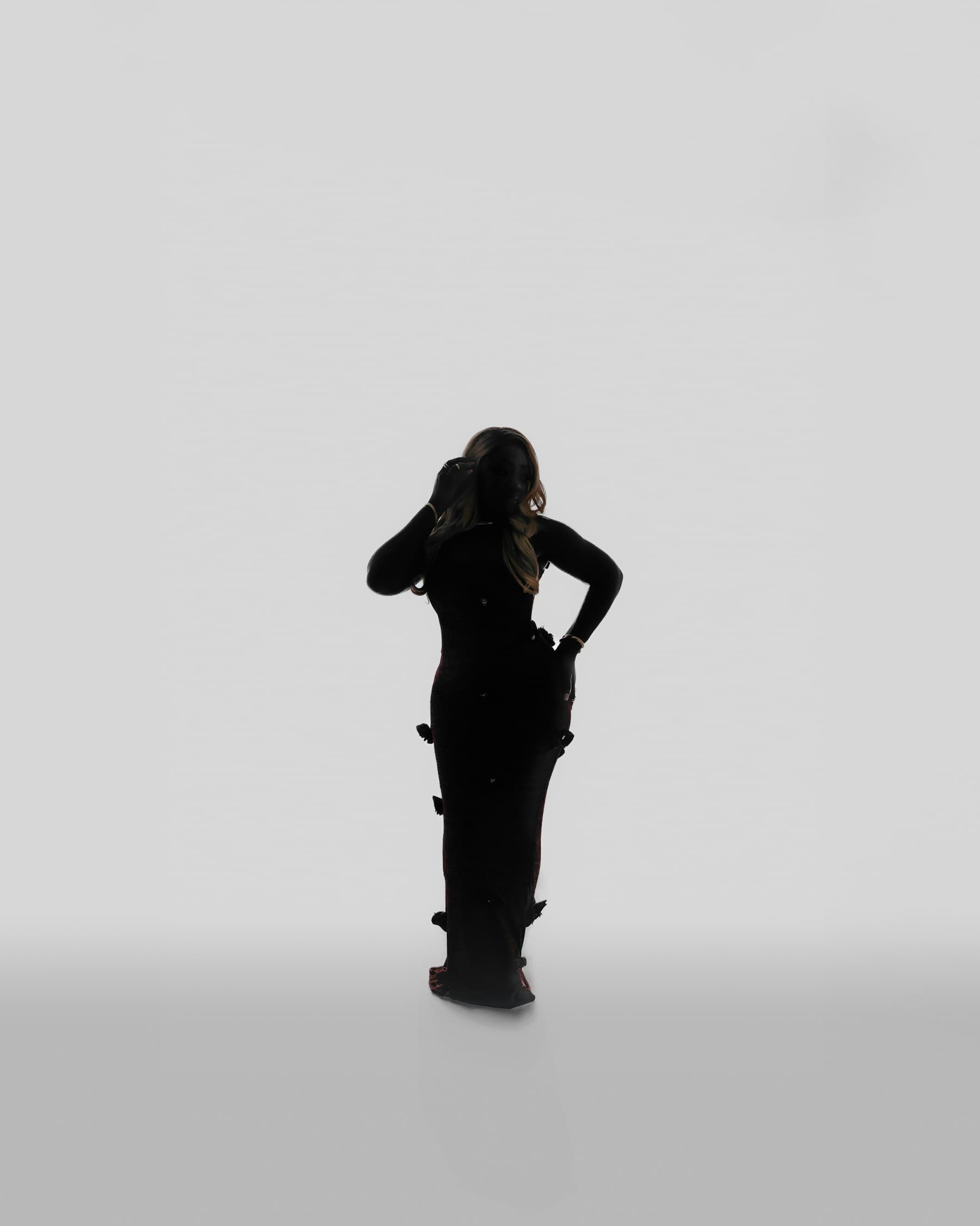 Silhouetted model in a long black dress against a pale background