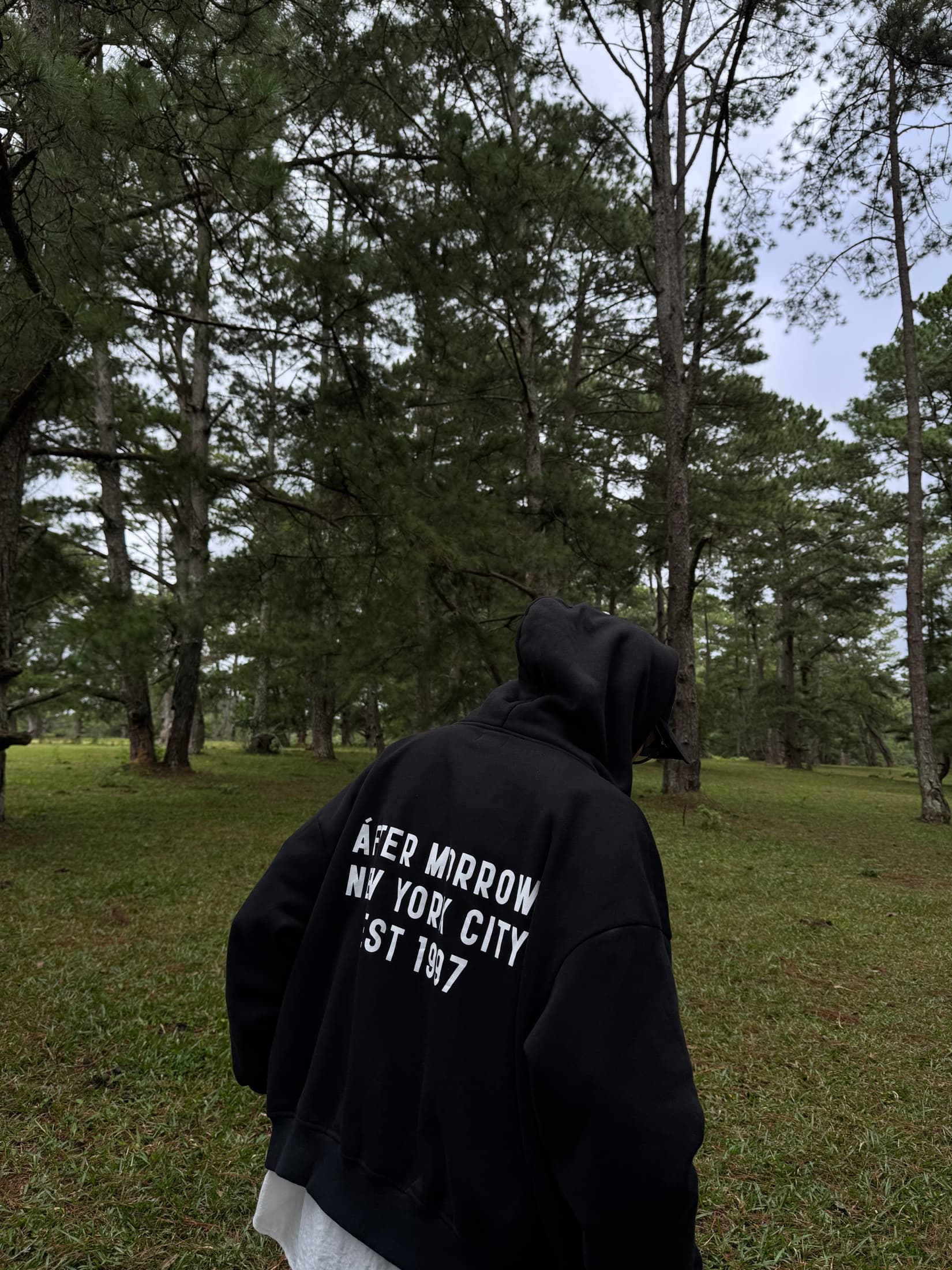 Person wearing a black After Morrow hoodie walking through a pine forest